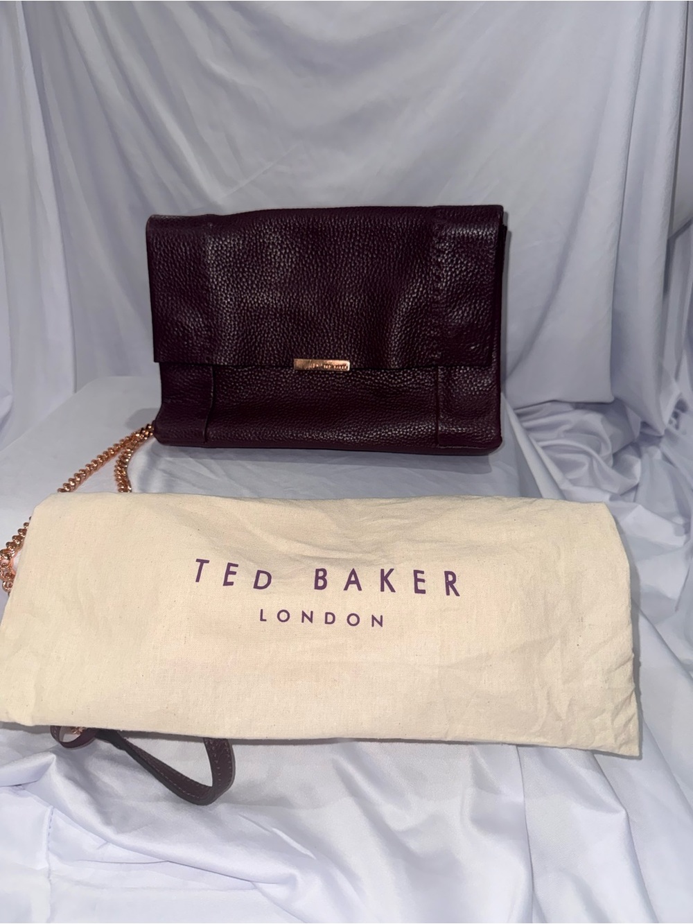 Ted Baker Dark Plum Pebbled Leather Crossbody with Gold Chain